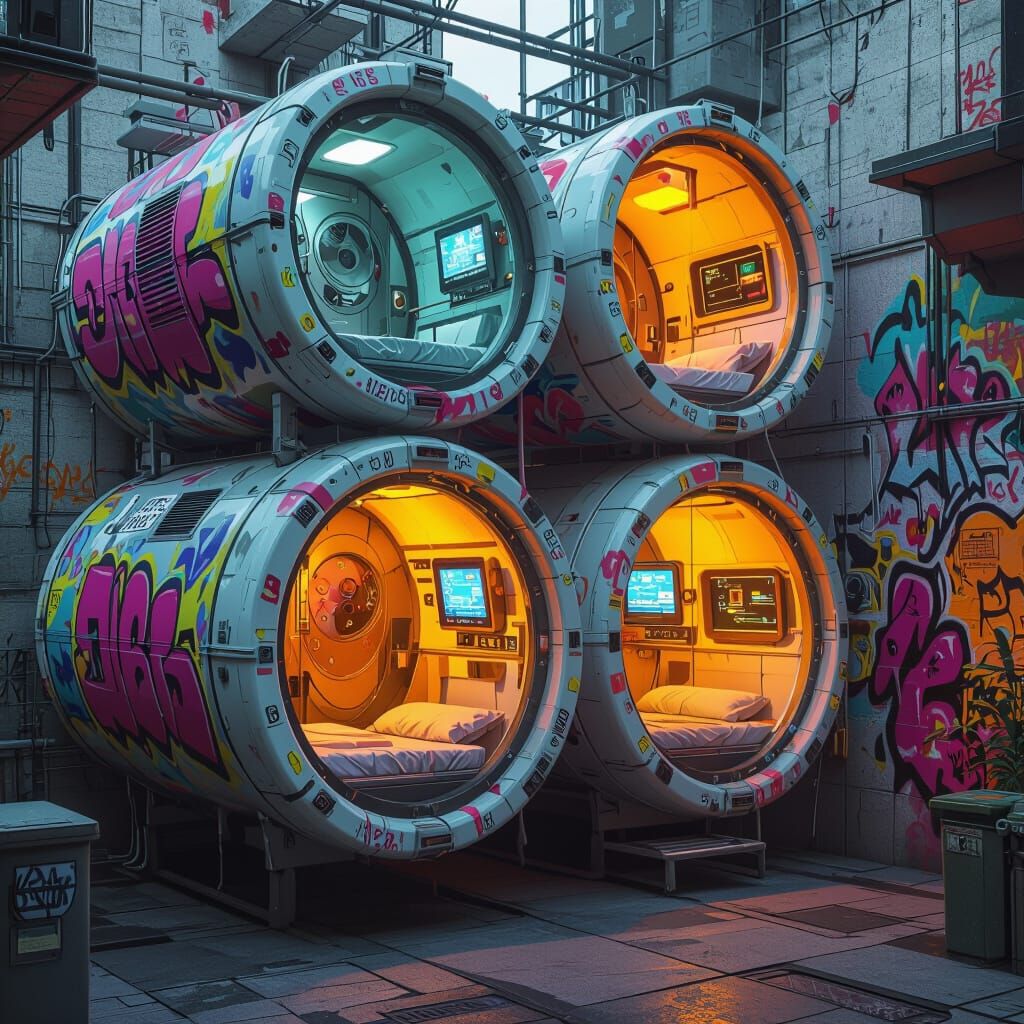 Futuristic Graffiti Capsule Dormitories in High-Tech Style