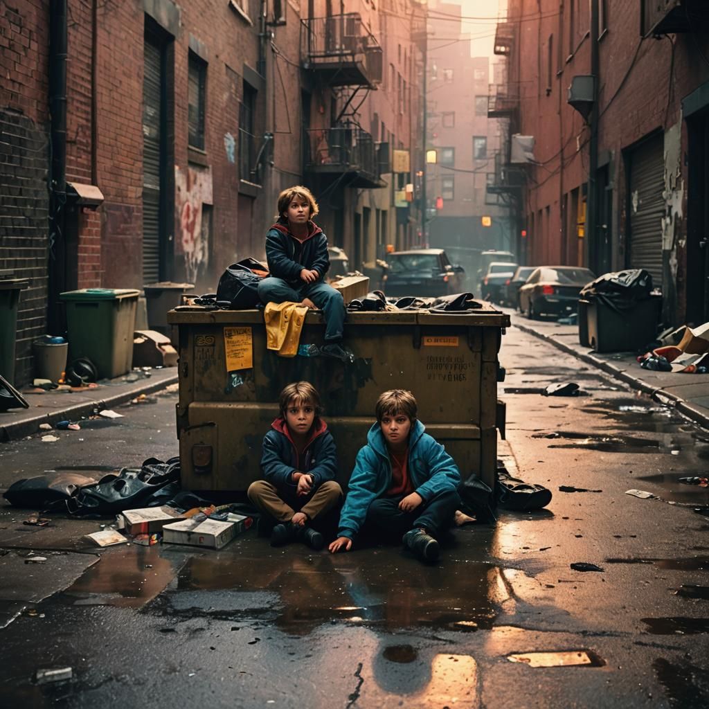 Children in Alleyway: Cinematic Film Still