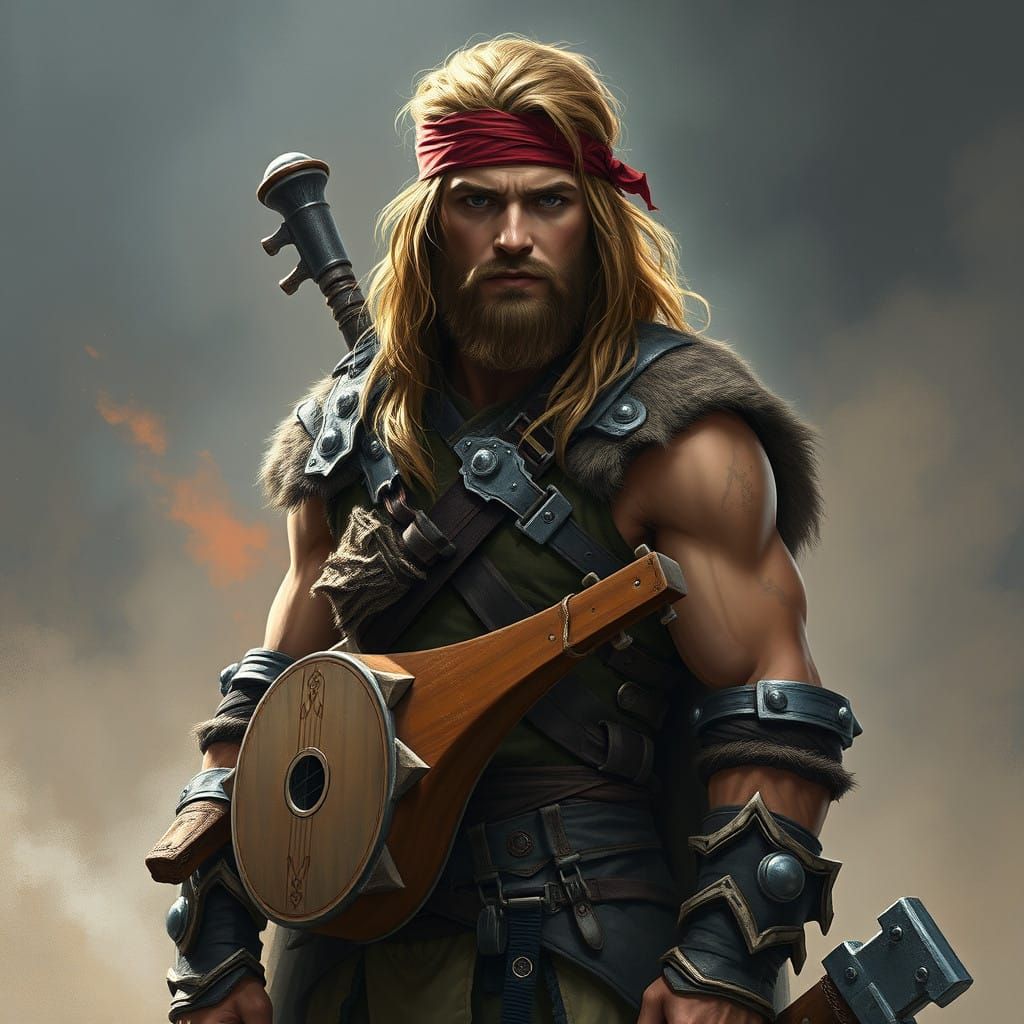 Strong Warrior Stands Proud with Battle-ready Gear and Lute