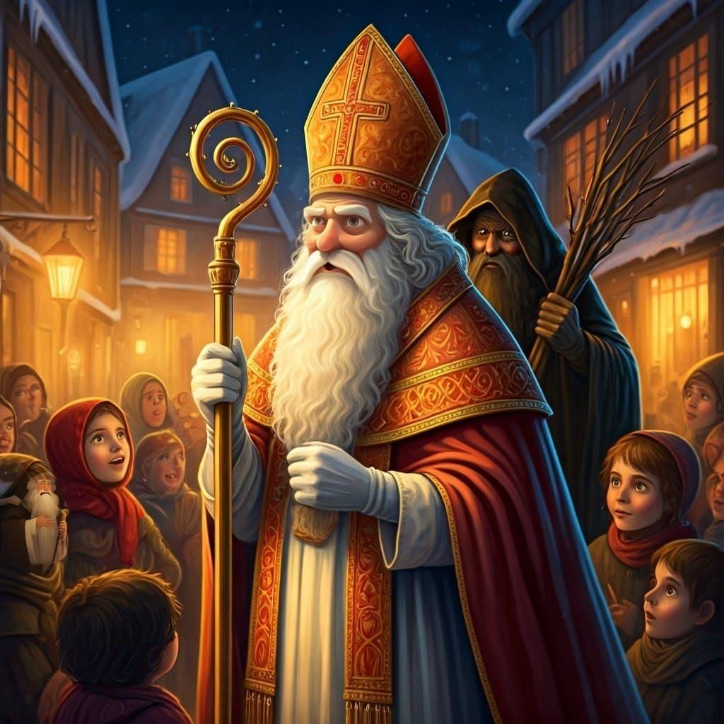Saint Nicolas in Snowy French Village: Digital Painting