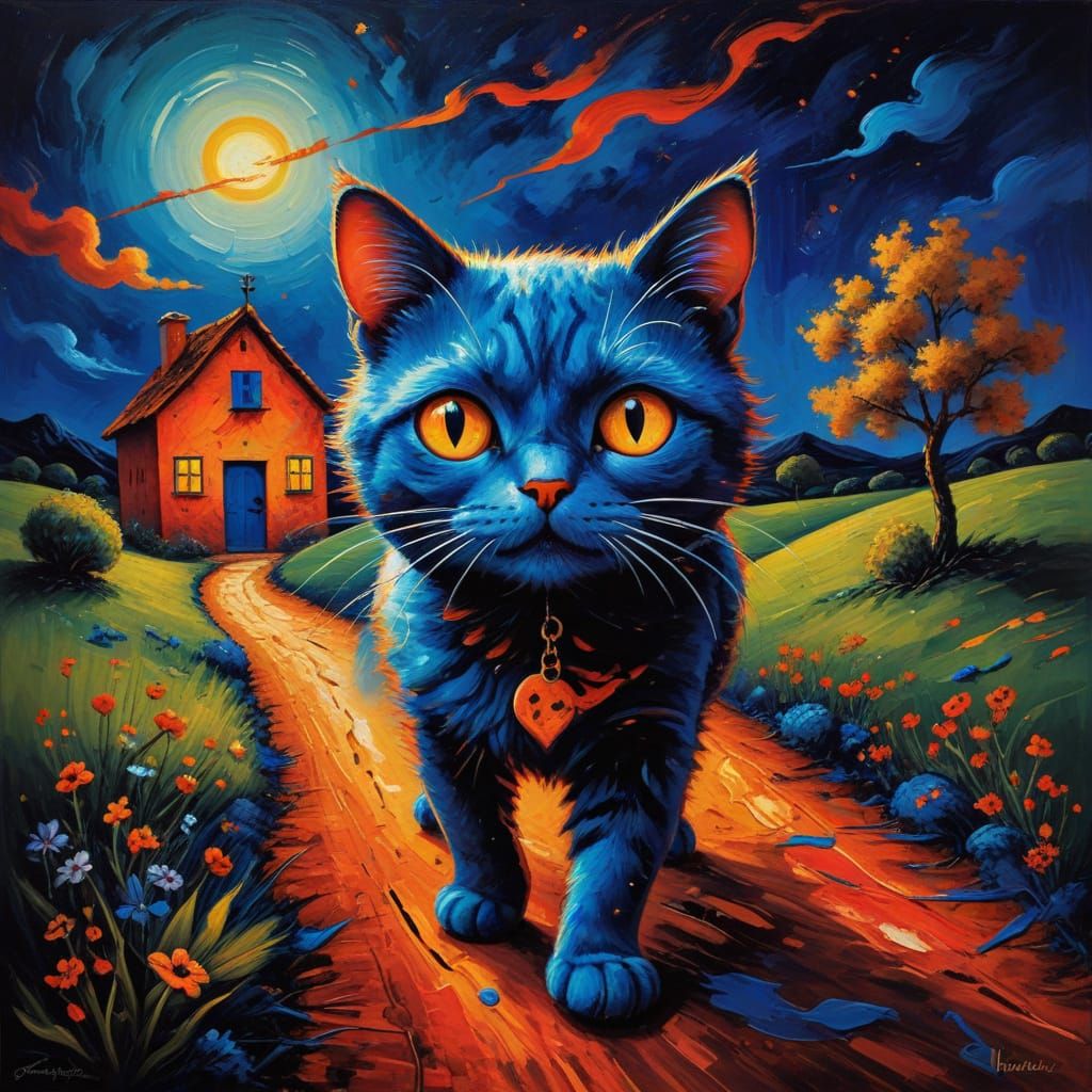 Surreal Cat's Journey Home: Inspired by Miro and Hals