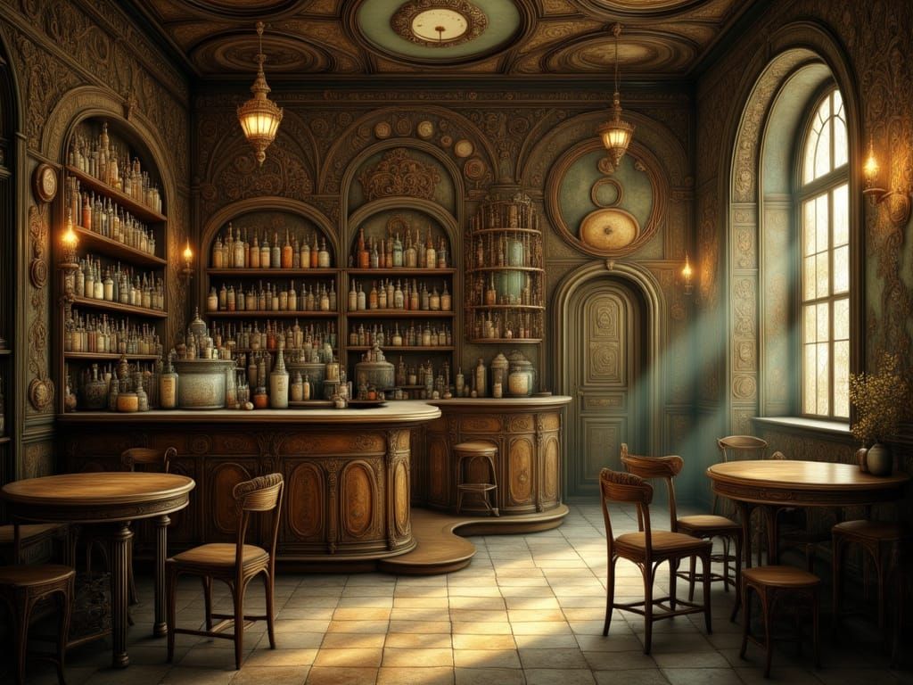 Antique Restaurant Interior with Vintage Bottles and Rustic ...