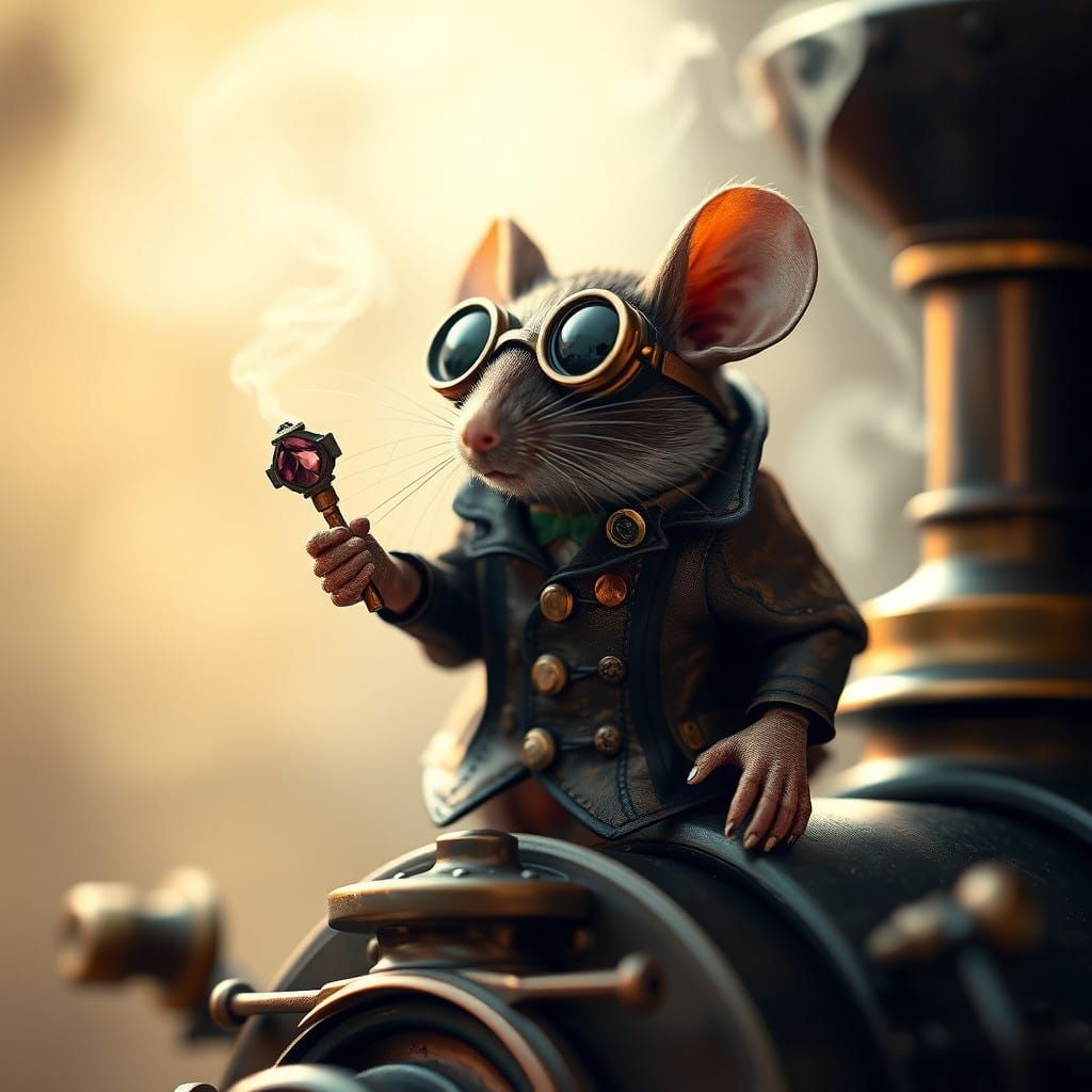 Steam Punk Mouse Conducting Intricate Steam Engine Train in...