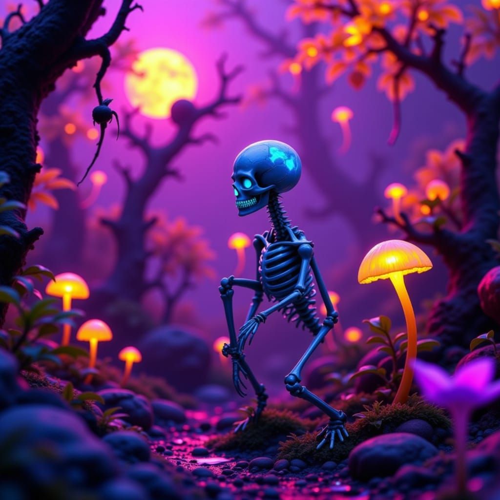 Neon Skeleton in Bioluminescent Graveyard, Cyberpunk Style