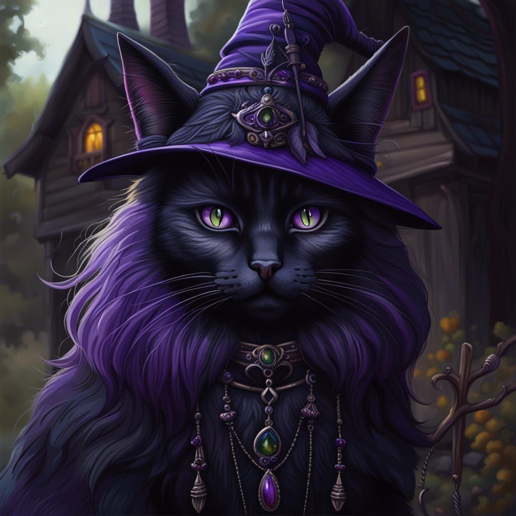 Realistic Cat Witch with Purple Hat, Detailed Art