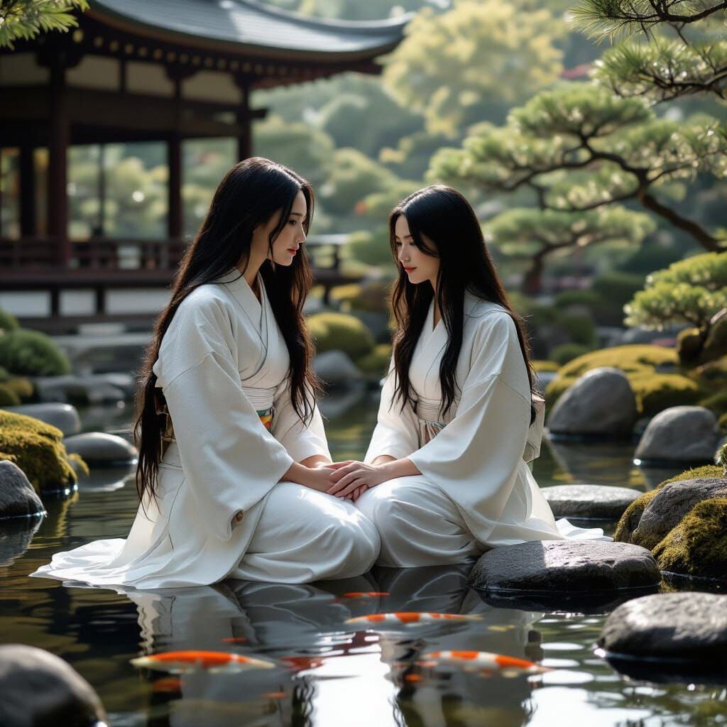 Woman in Kimono at Japanese Garden, Hyperrealistic Photo