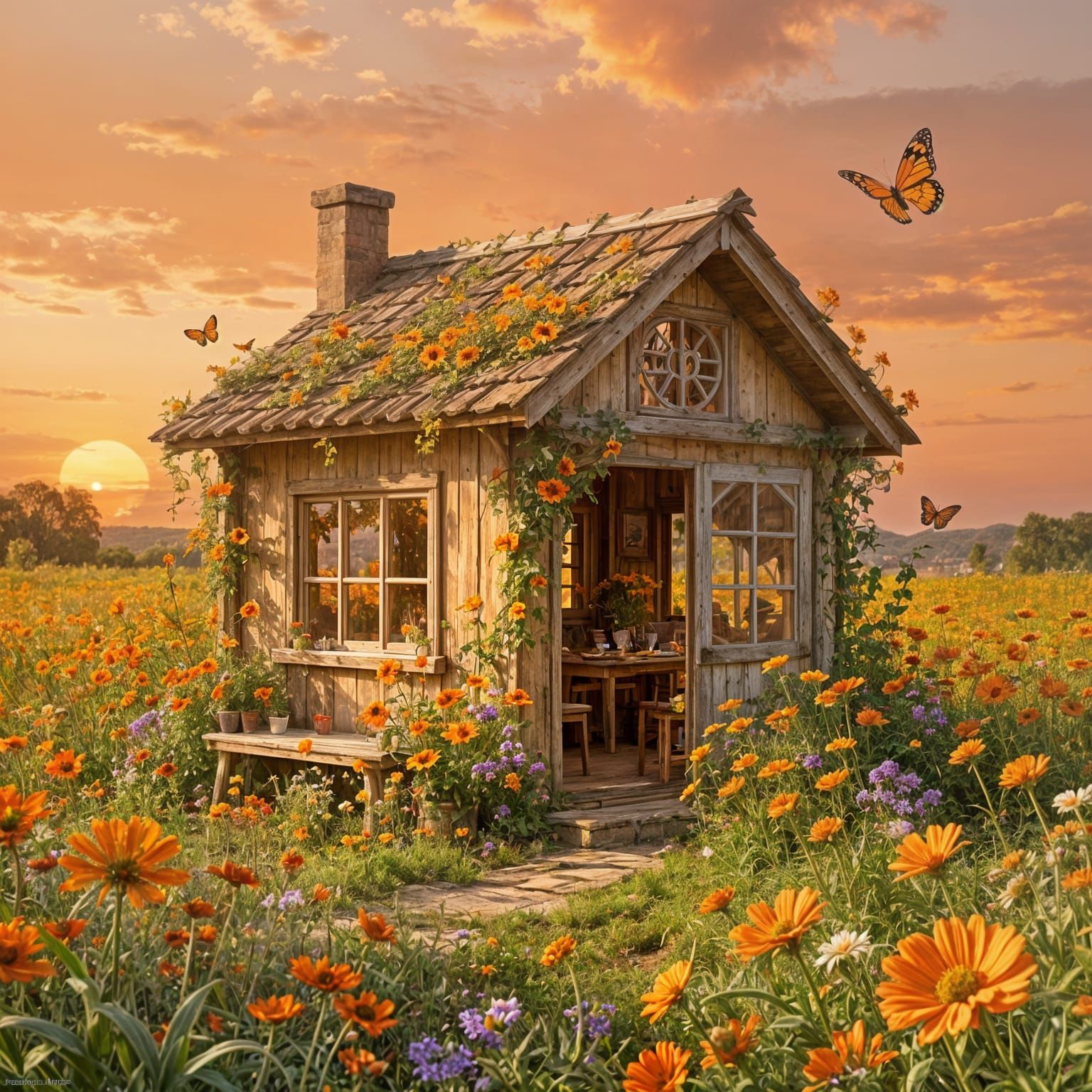 Vibrant Orange Wildflower Garden Sunset Summerhouse