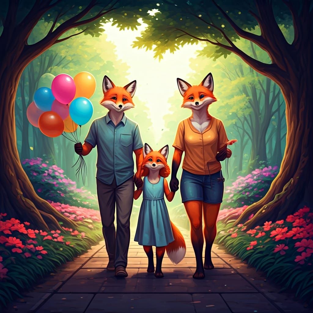 Cheerful Fox Girl in Park, Digital Painting