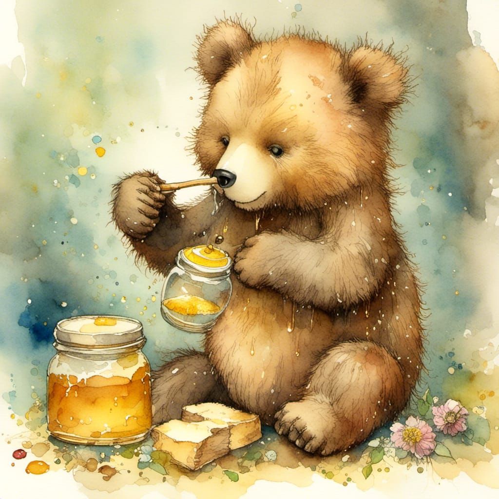 Adorable Honey Bear Cub Vintage Watercolor Illustration