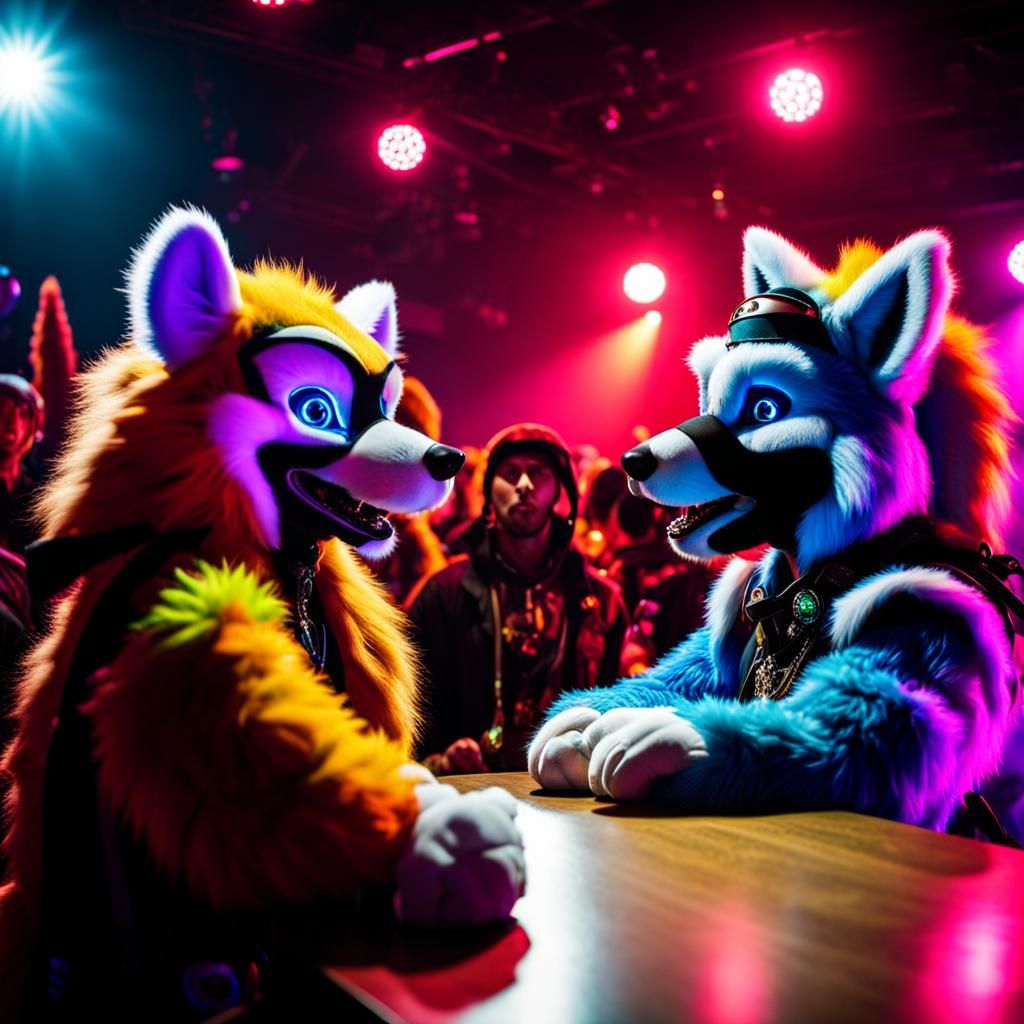 Furries at a Rave Party in Colorful Lights