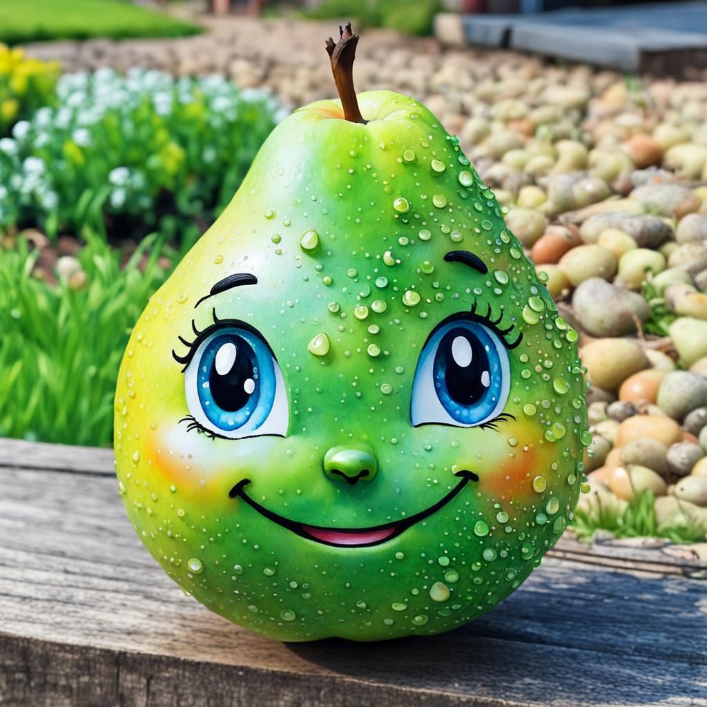 cute smiling chibified head of a pear 🍐 relaxing at the gar...