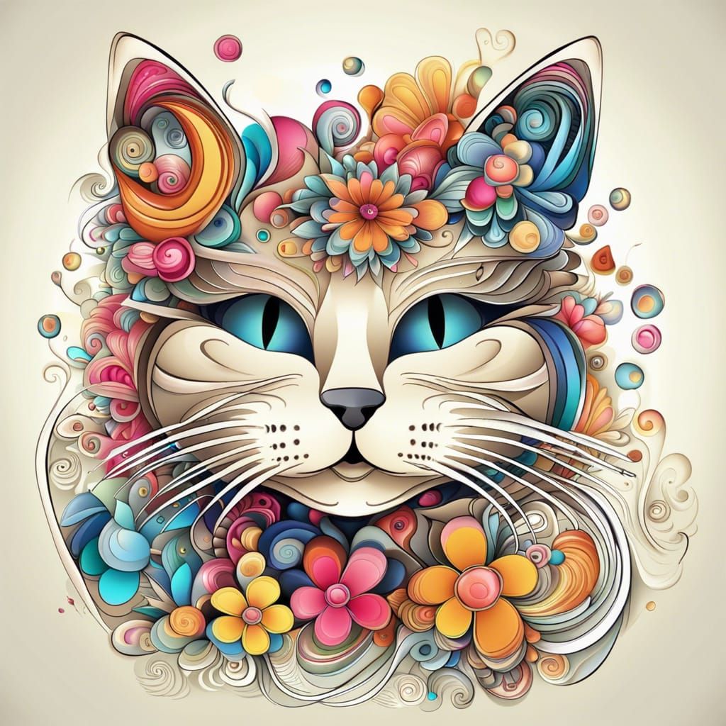 Colorful Cat with Flowers in Abstract Vector Style