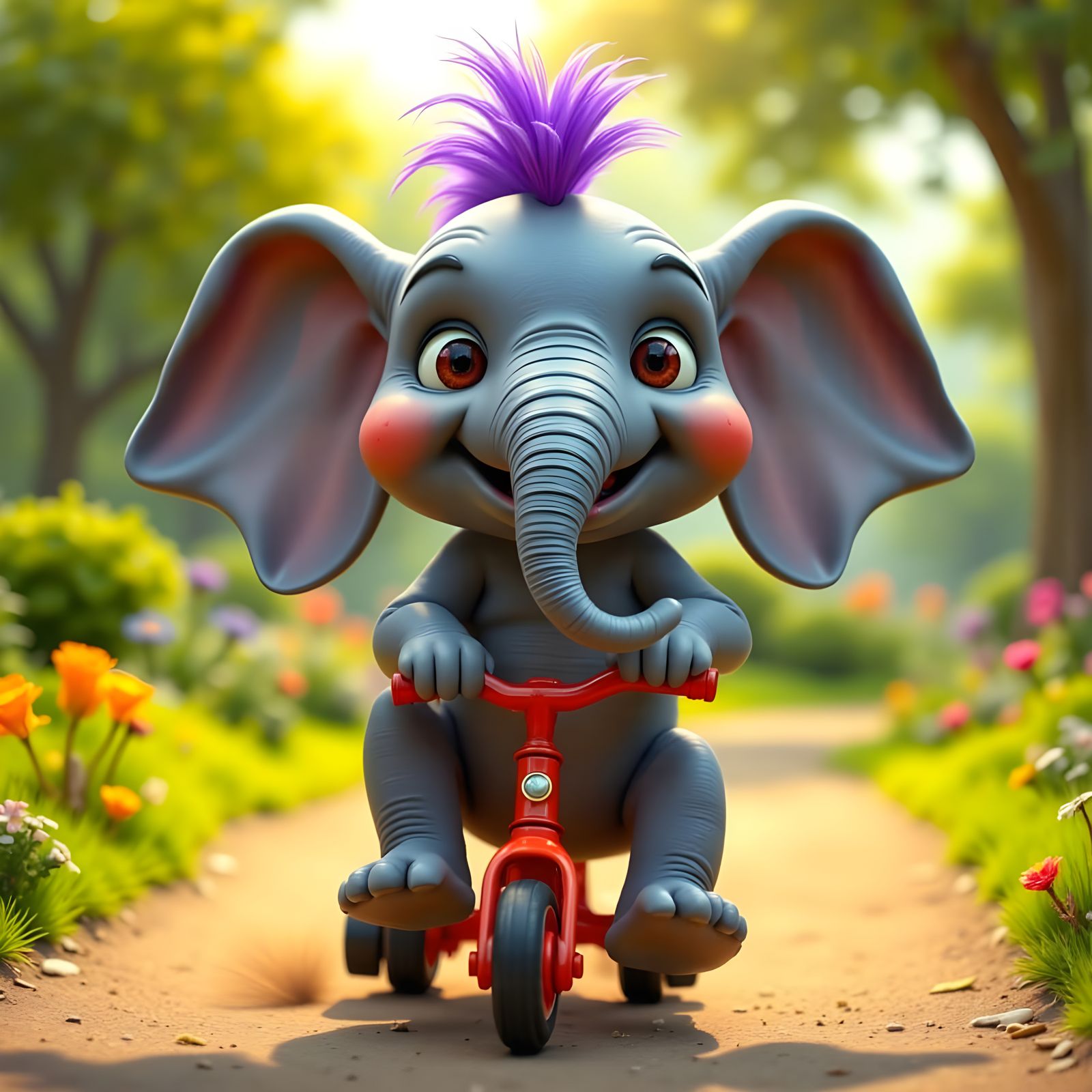 Pixar CGI Elephant Rides Red Tricycle in Park