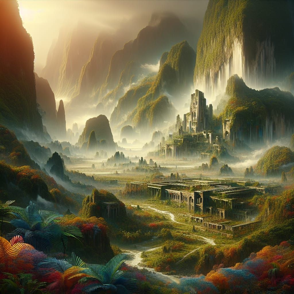 Ethereal Valley: Ancient Ruins in Digital Matte Painting