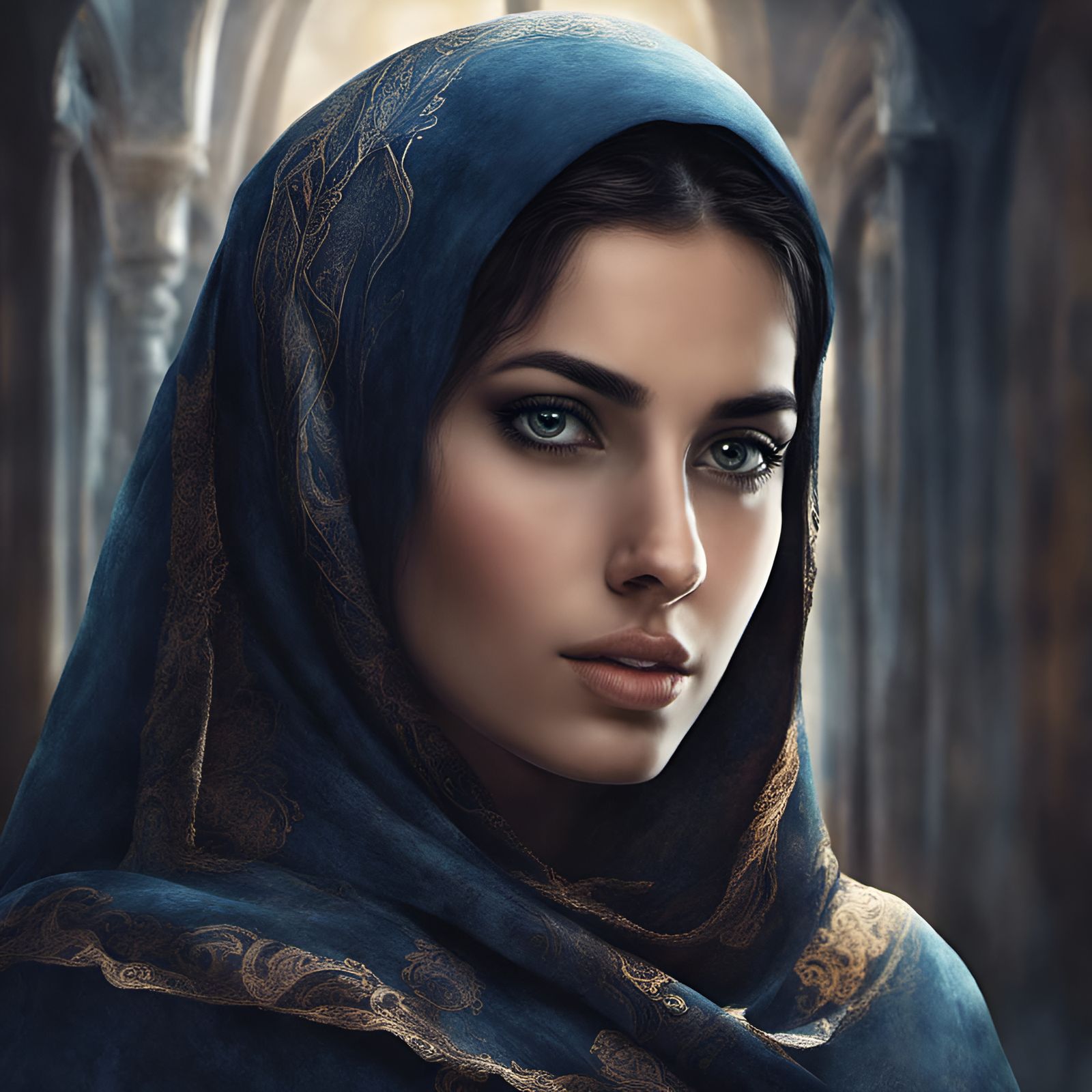 Beautiful Syrian Woman with Dark Blue Headscarf