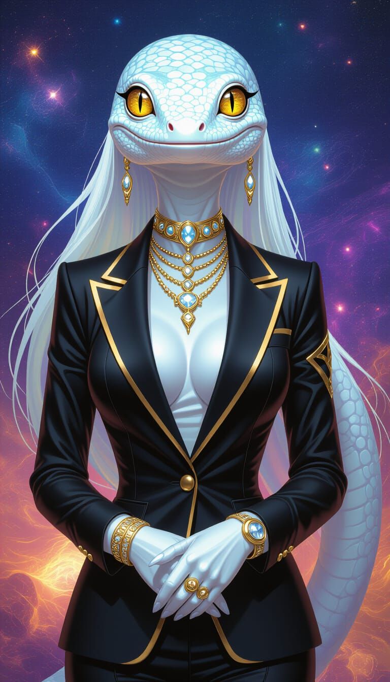 Iridescent Gecko-Human Hybrid in Cosmic Style