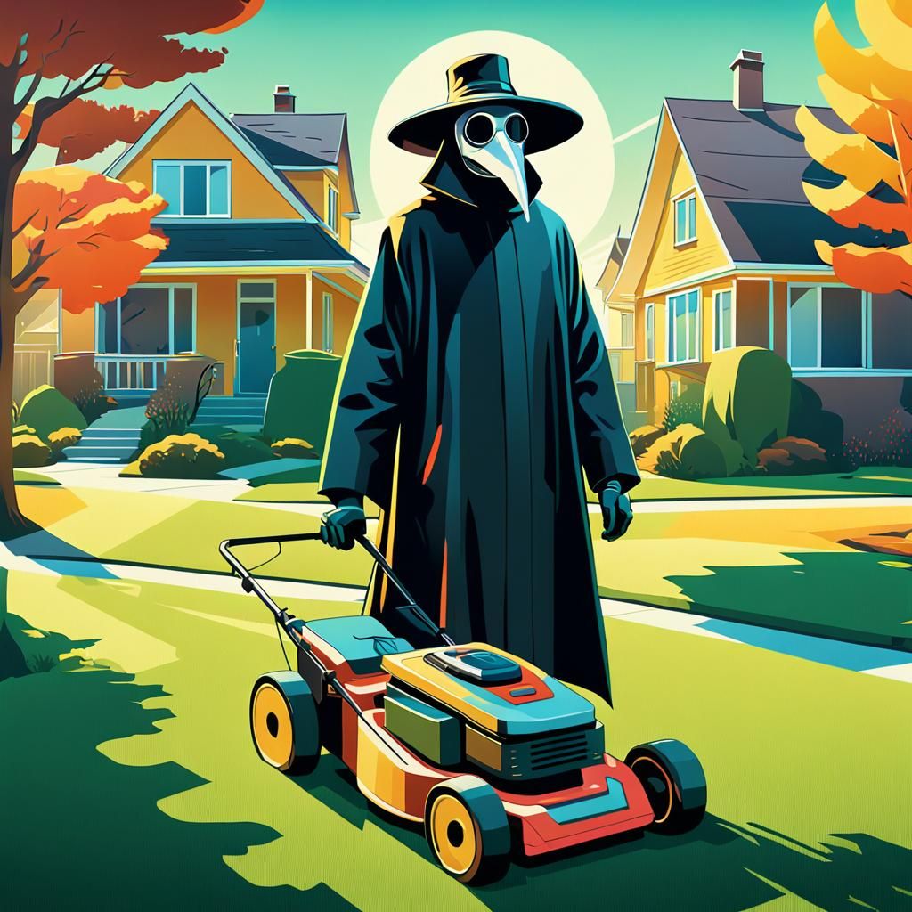 Plague Doctor Mowing Lawn in Pop Art Style