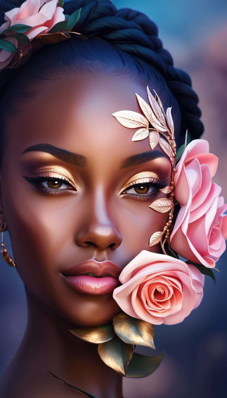 African Maiden in Rose Gold Tiara, Digital Illustration