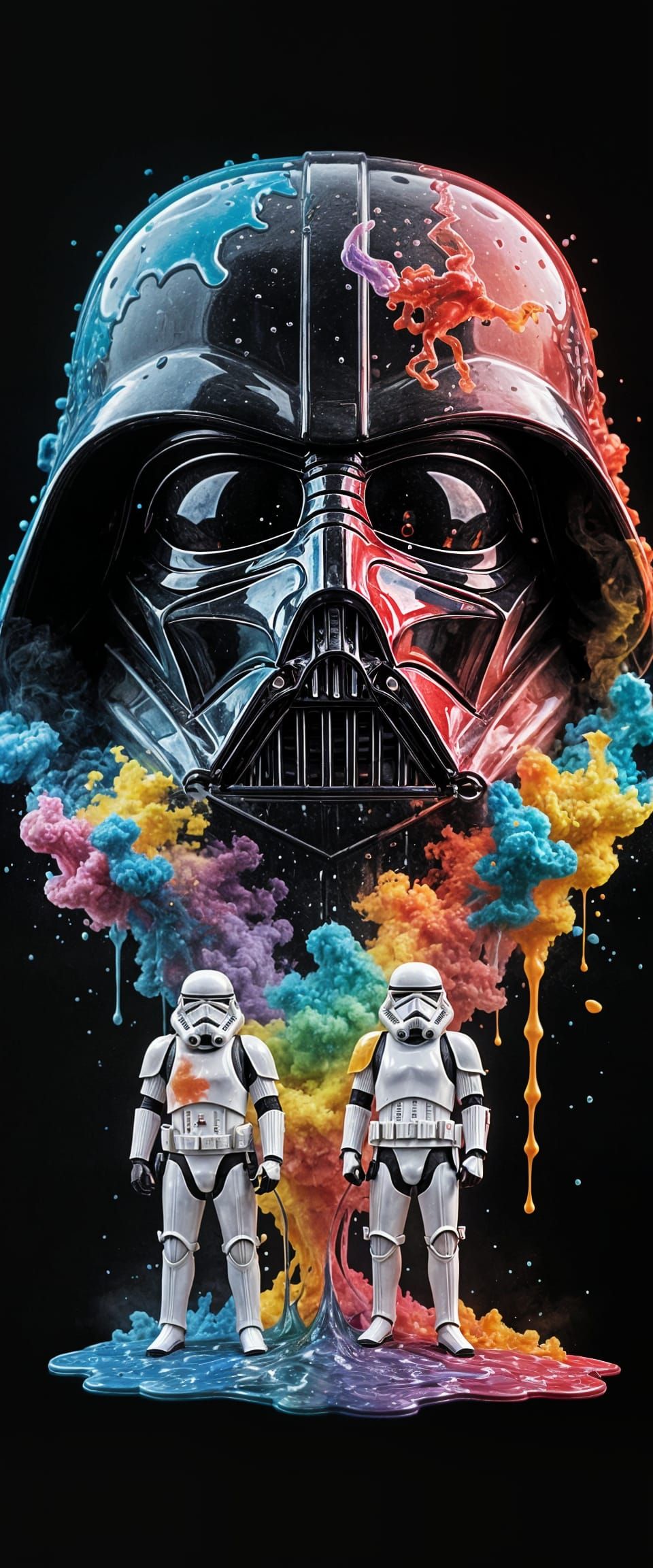 Darth Vader Melting & Glooping, With Multicoloured Smoke Emanating Out Of Him. With Two Stormtroopers Standing Symmetric...