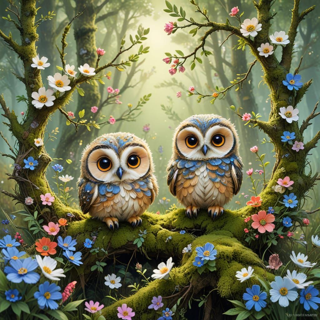 Chibi Owlets in Fairytale Flower Nest