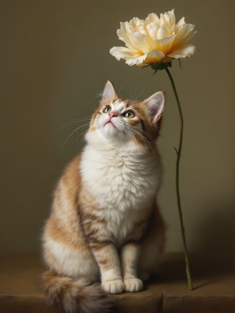 Adorable Cat Gazes at Blossom in Dutch Golden Age Style
