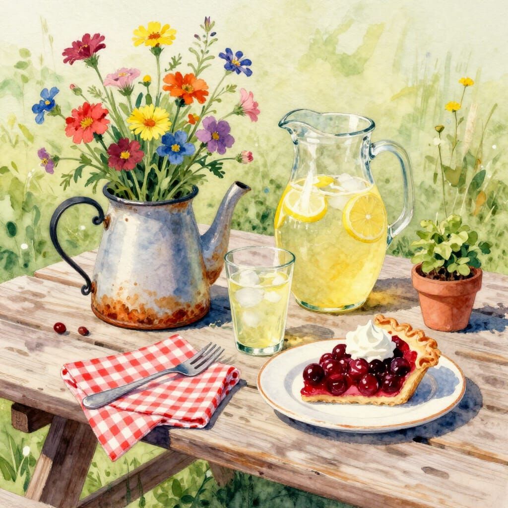 Summer Picnic Scene with Wildflowers and Cherry Pie