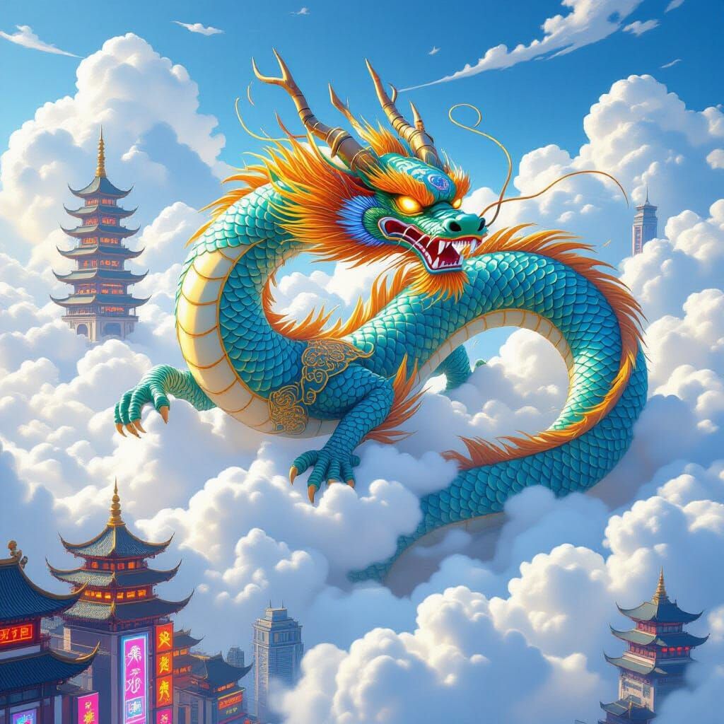 Chinese Dragon Soaring Above City in Fantasy Art Style