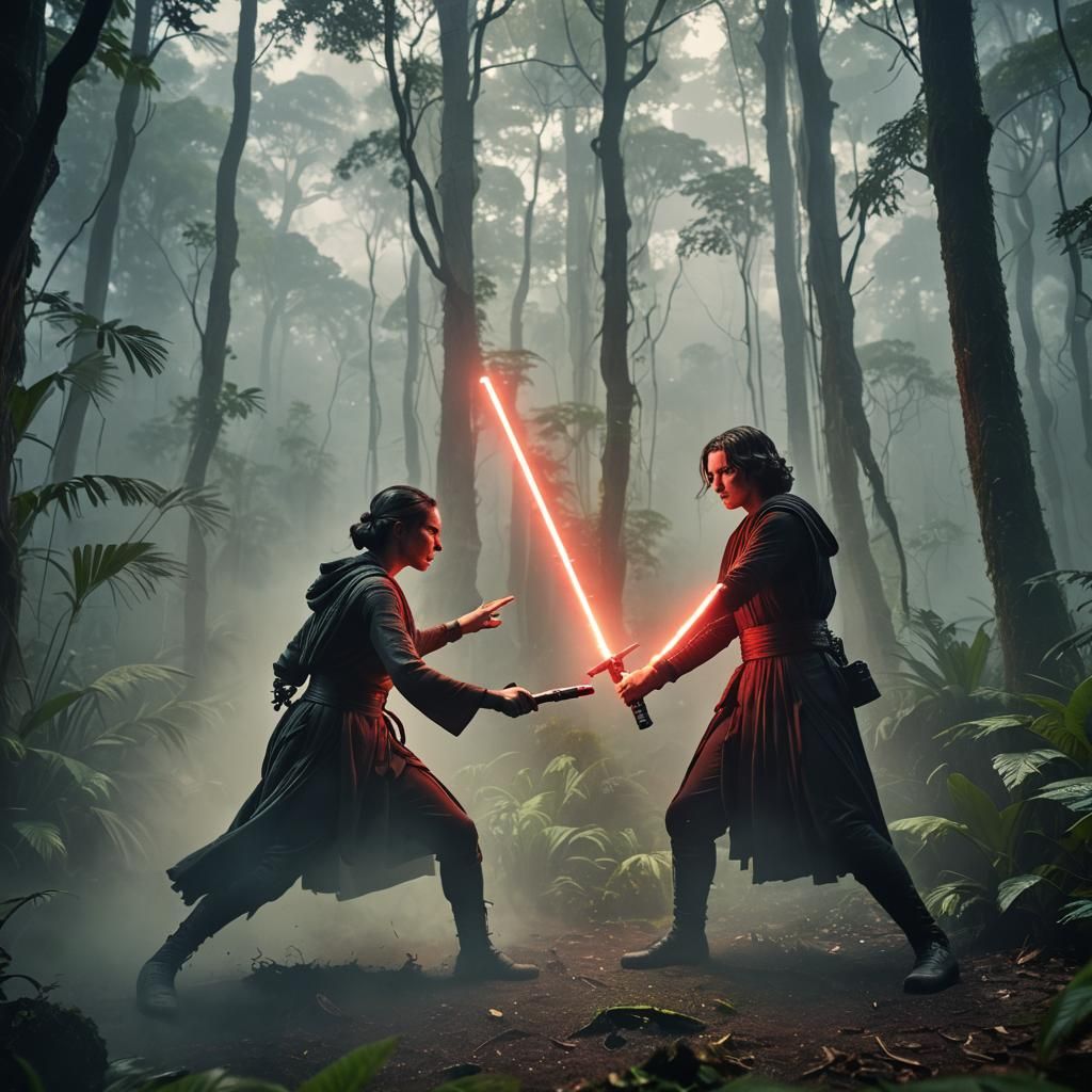 Rey Skywalker and Kylo Ren Duel on Yavin 4