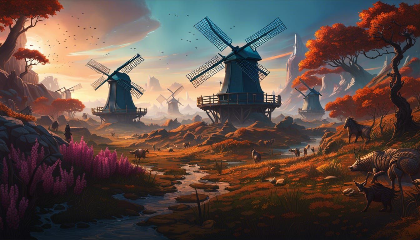 Exotic Planet Windmills in Dark Fantasy Style