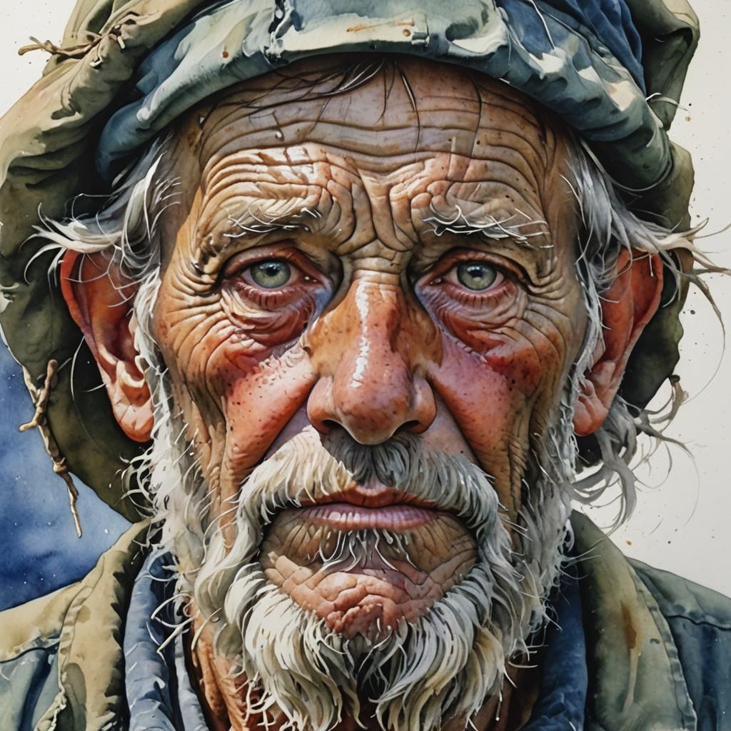 Detailed Watercolor Portrait of Old Fisherman