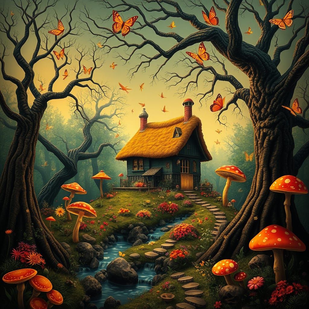 Whimsical Cottage Amidst Giant Trees and Magical Mushrooms i...