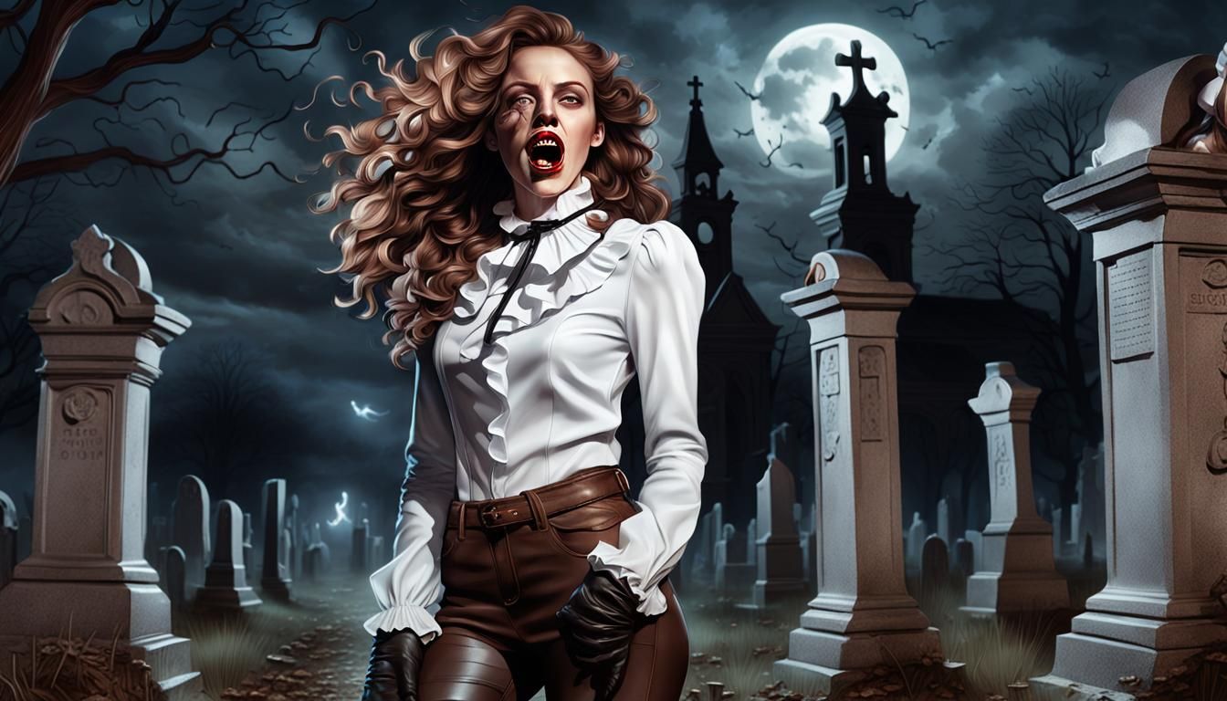 Woman Screaming in Cemetery with Ghost, Hyperrealistic Art