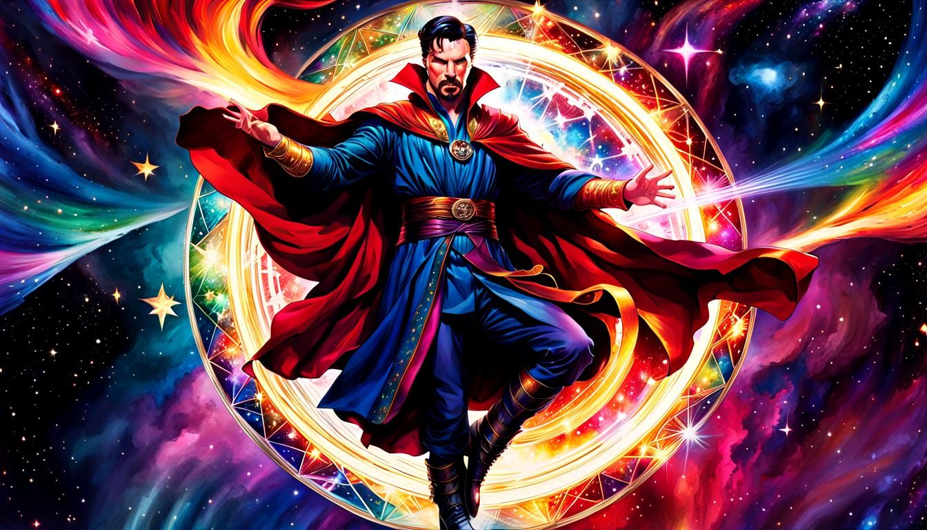 Alcohol ink picture of Doctor Strange, levitating cross legged , through a magical void of multicoloured stars and nebul...