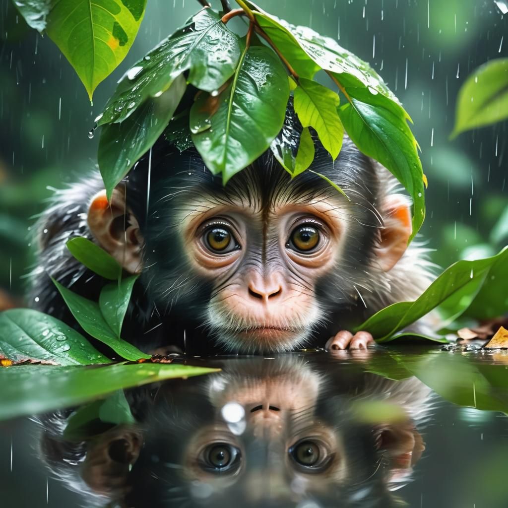 Fluffy Monkey Hiding in Rainforest: Vivid Double Exposure