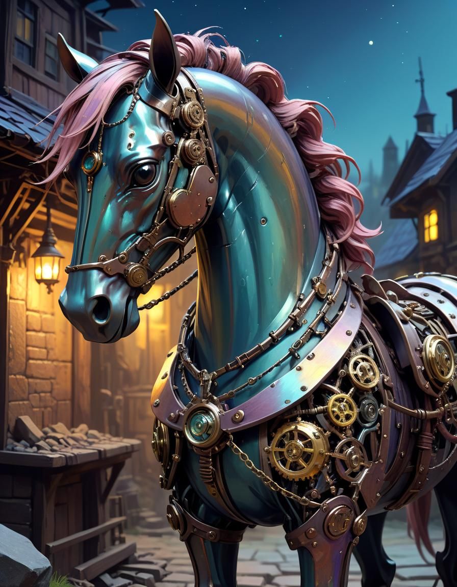 Steampunk Metal Horse in Chromatic Pastels