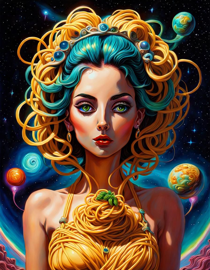 Goddess of Spaghetti in Cosmic Fantasycore Style