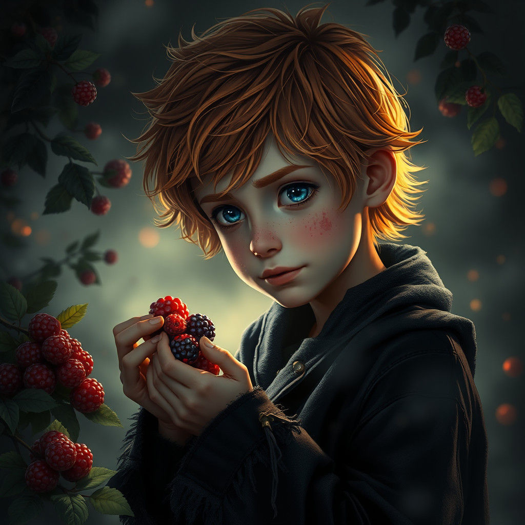 Orphan Boy Eats Berries in Magical Night Portrait