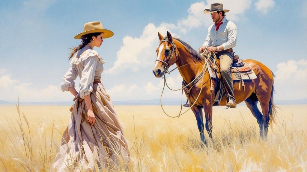 Cowboy and Woman on Prairie as Watercolor Painting