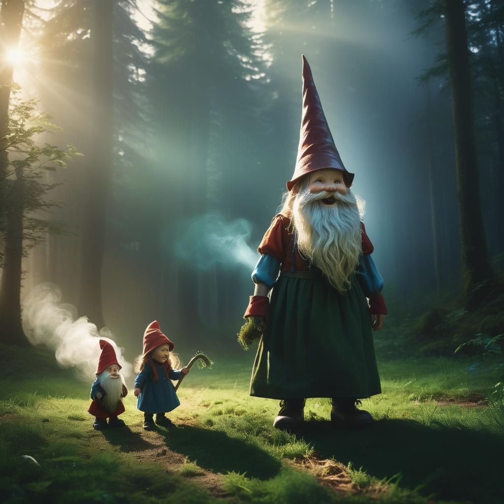 Laughing Girl and Gnome in Enchanted Forest