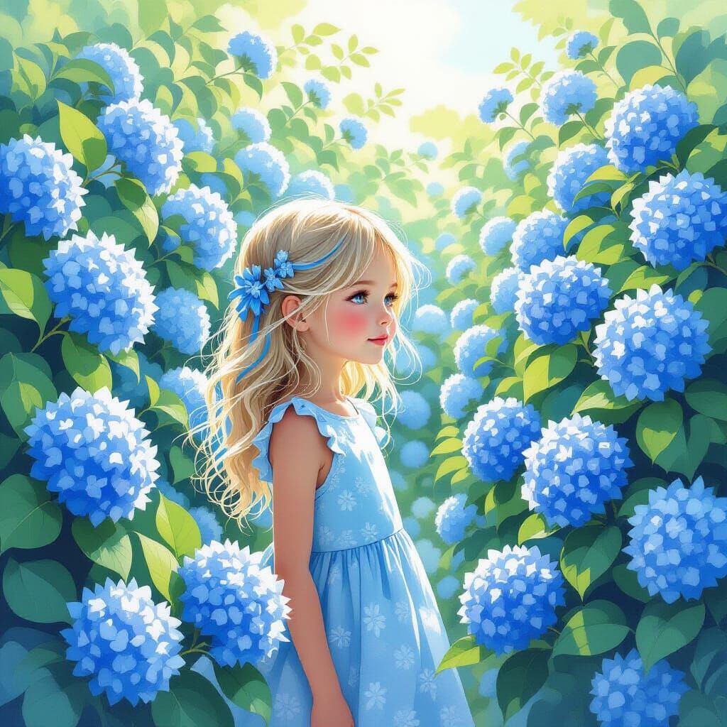 Girl in Blue Dress on Hydrangea Island at Dawn