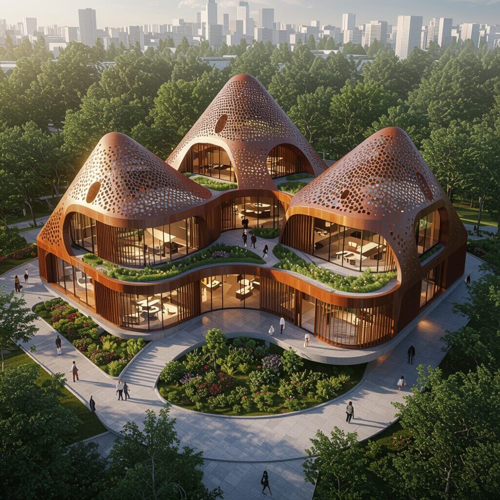 Futuristic Pyramid School with Rusty Metal & Greenery