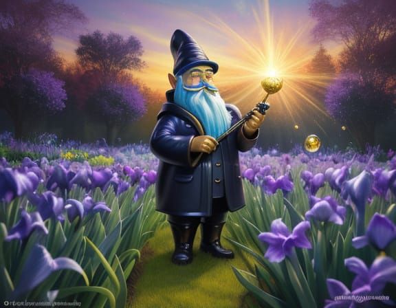 Surreal Garden Gnome in Iris Field