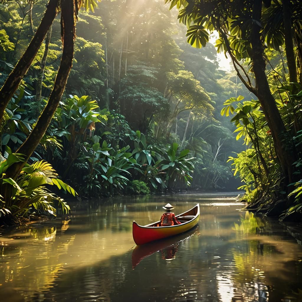 Canoe on a Serene River in Tropical Rainforest