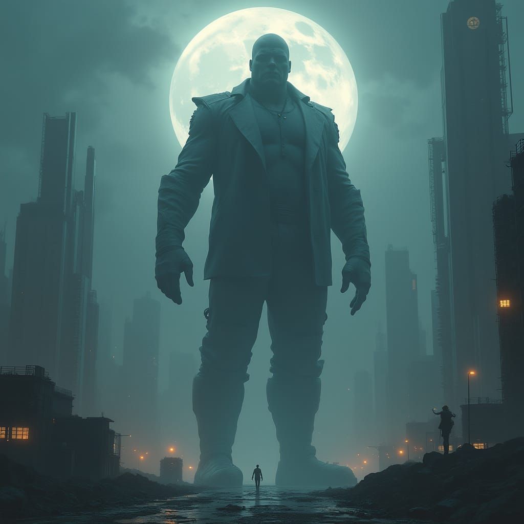 Imposing Futuristic Figure Dominates Moonlit Cityscape