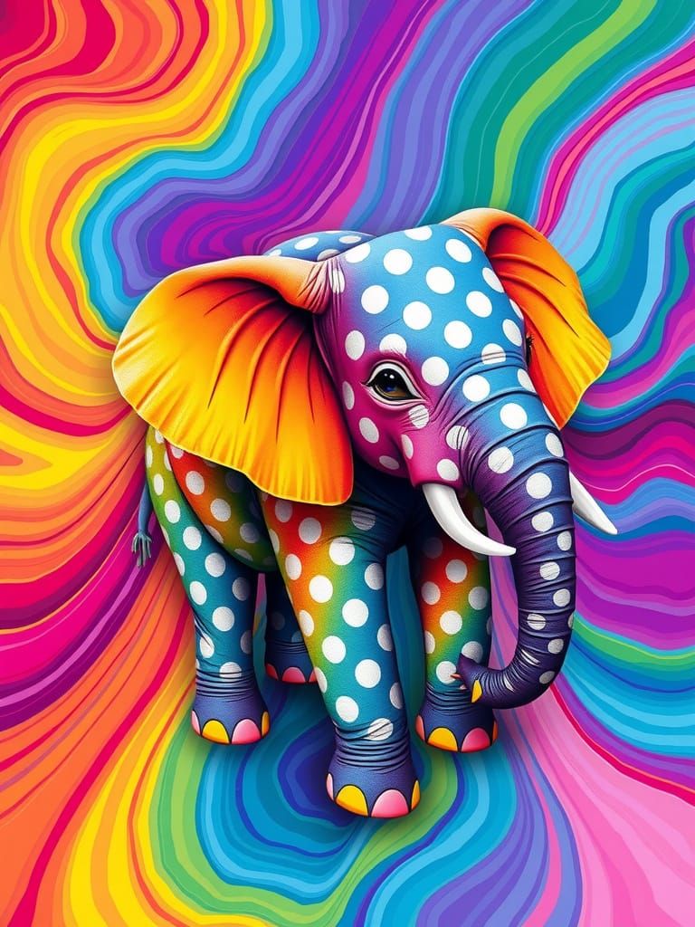 A Polka dot coloured elephant in rainbow coloured Environmen...