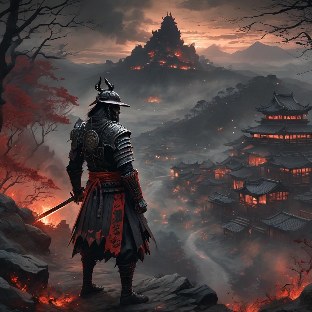 Samurai Necromancer Amidst Burning Village