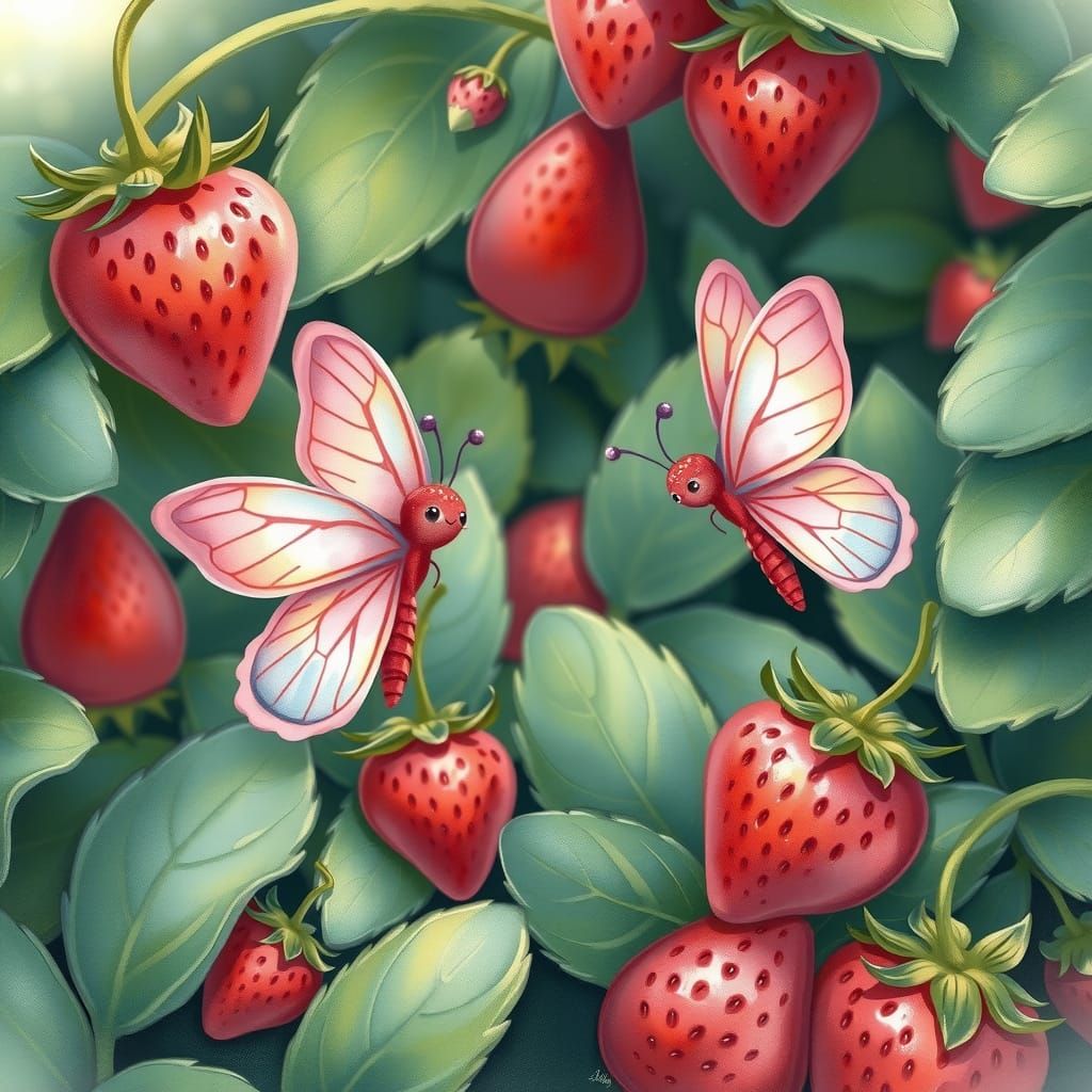Whimsical Strawberry Butterflies in a Dreamlike Landscape