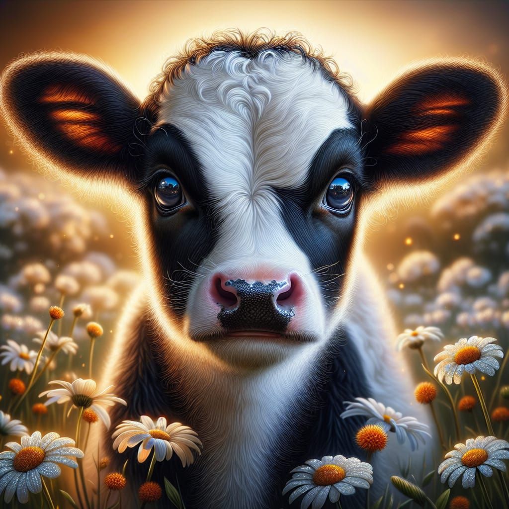 Hyper-Realistic Baby Calf in Vibrant Meadow