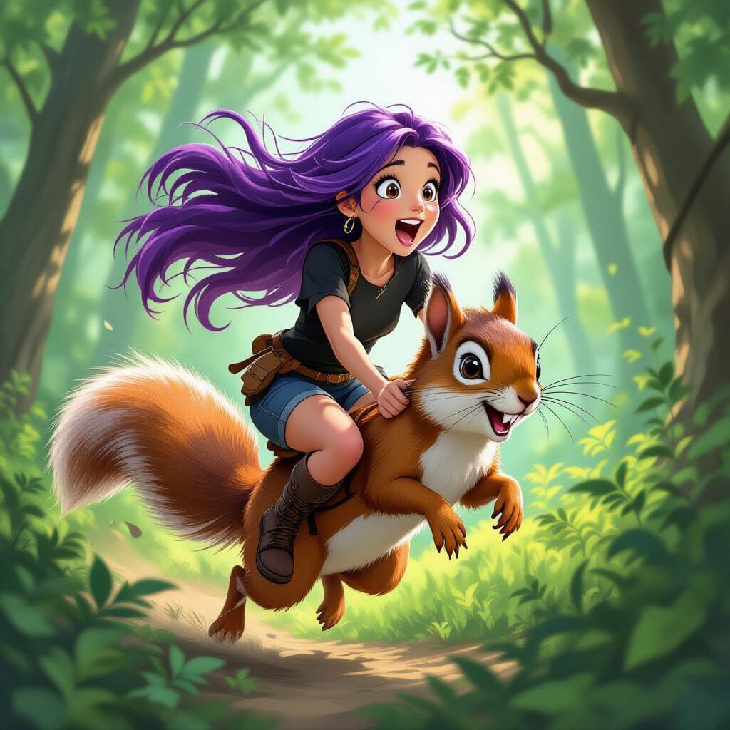 Girl Rides Squirrel: Fantasy Illustration