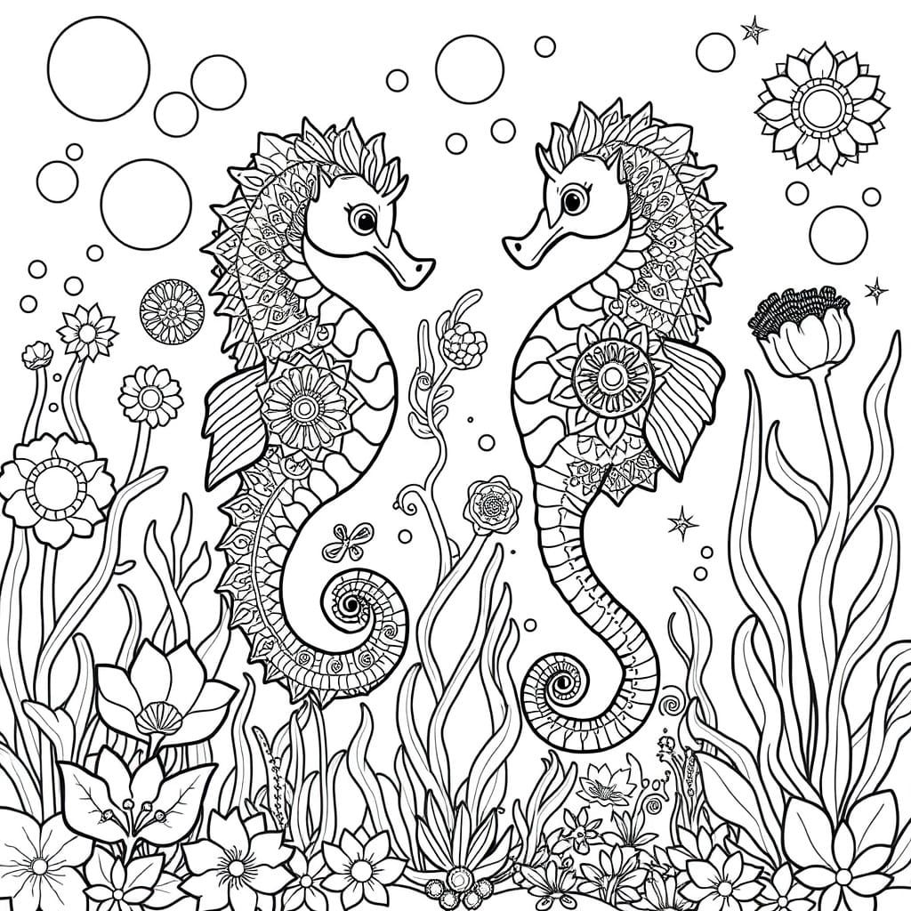 Whimsical Underwater World in Black and White Line Drawing
